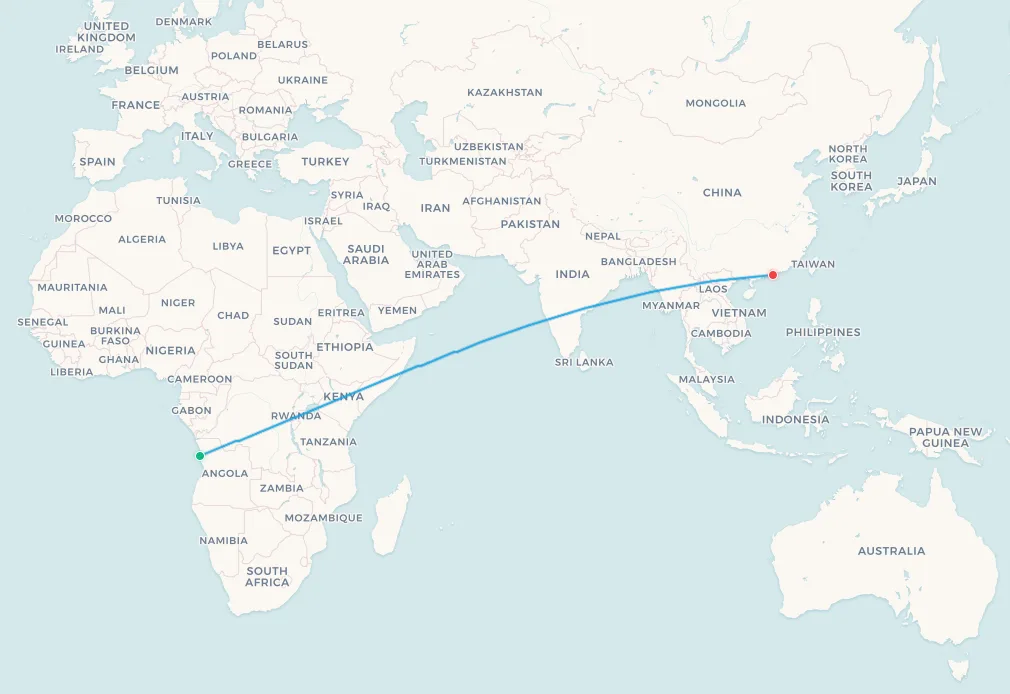Luanda to Hong Kong flight route map