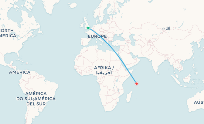London to Seychelles flight route map