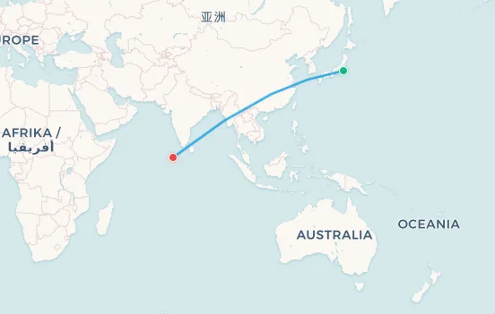 Tokyo to Male flight route map