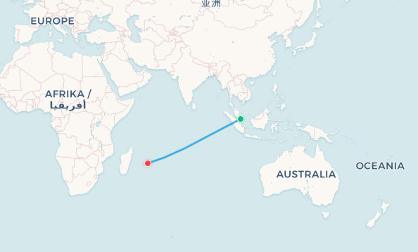 Singapore to Mauritius flight route map