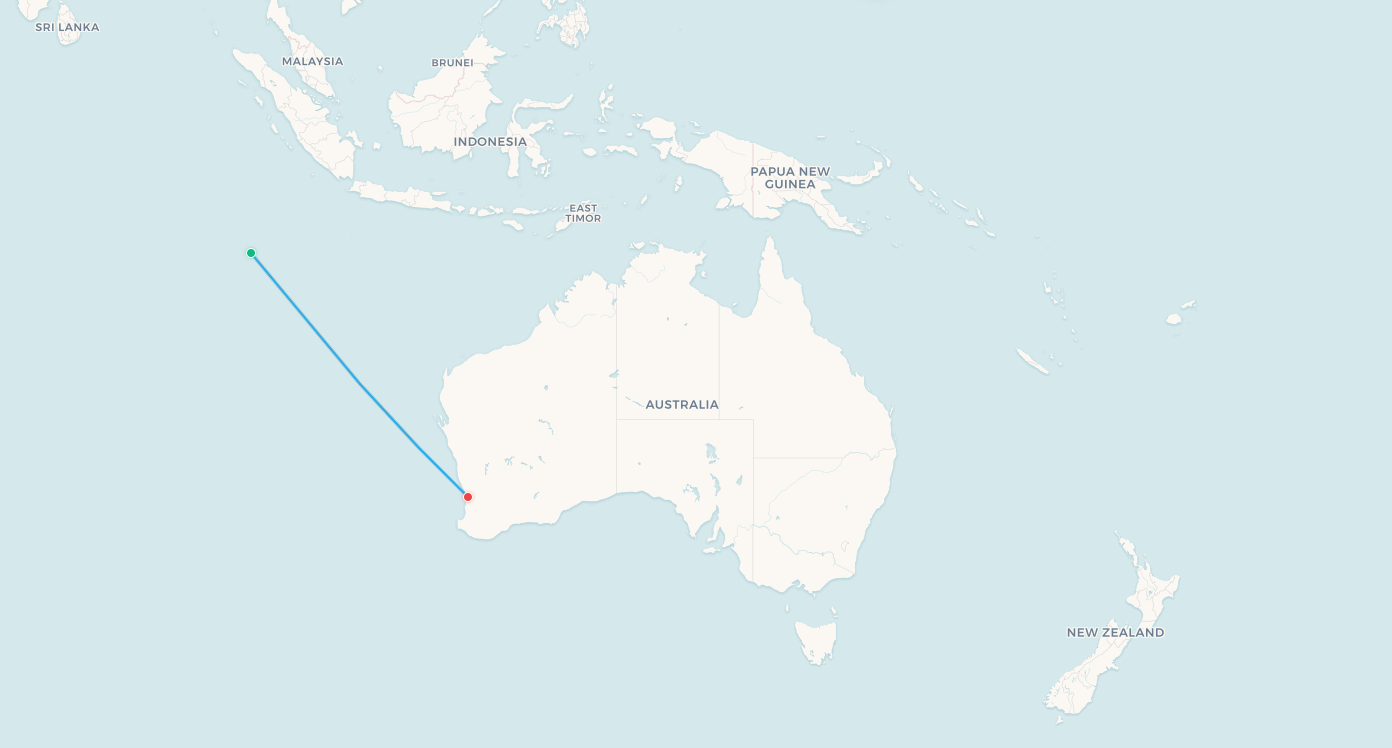 Cocos Keeling Islands to Perth flight route map