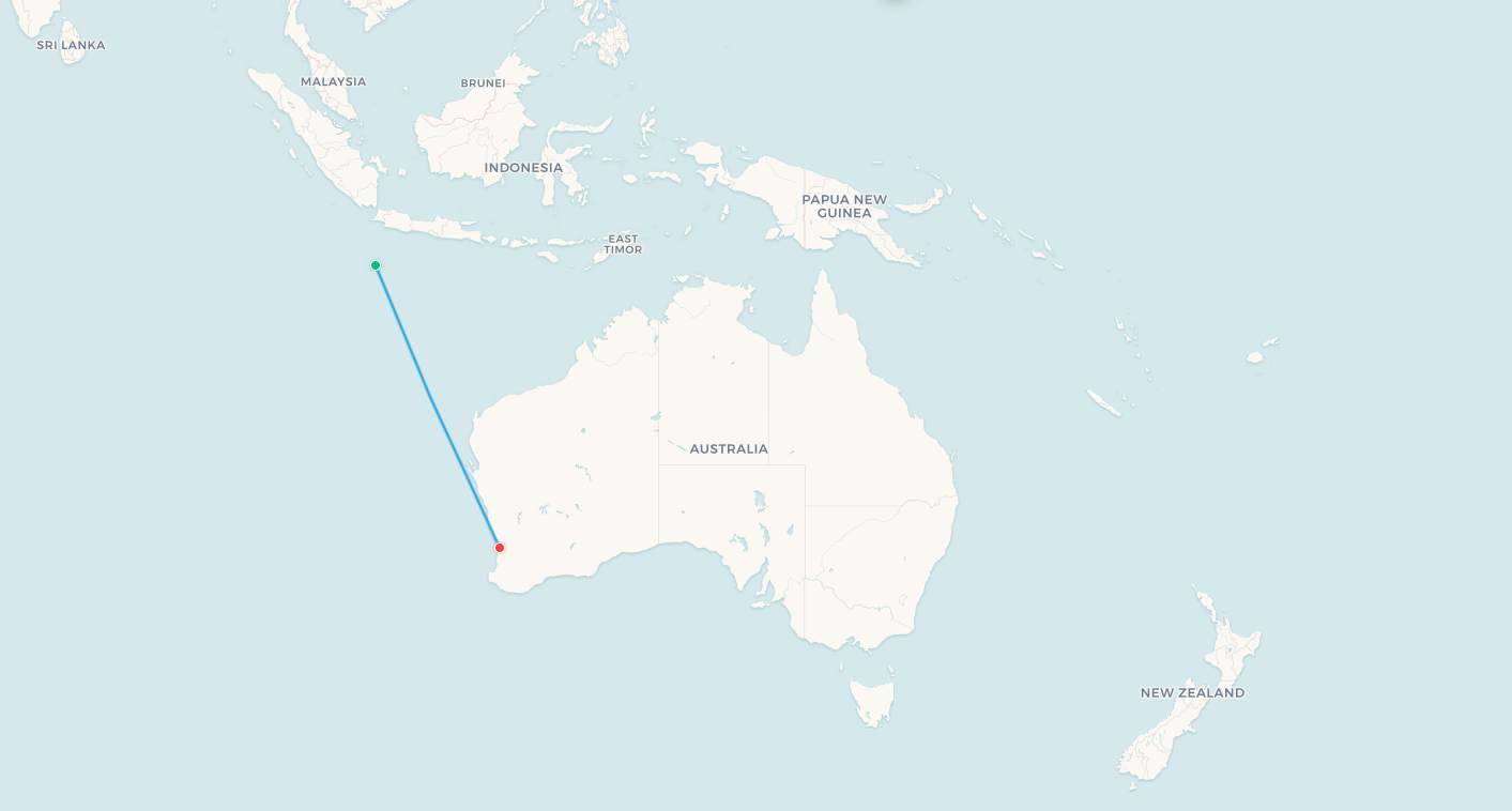 Christmas Island to Perth flight route map