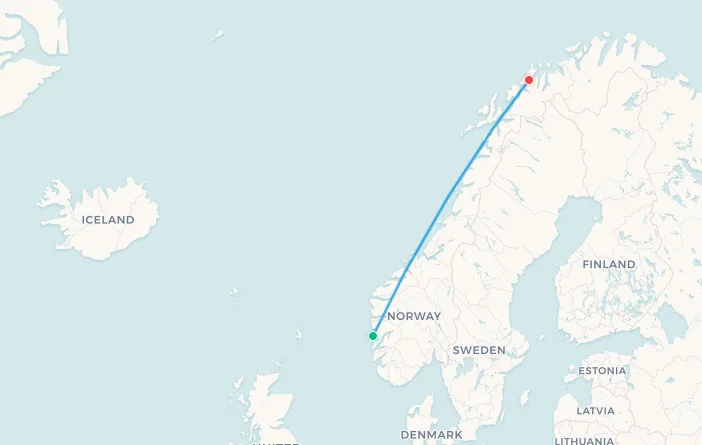 Bergen to Tromsø flight route map