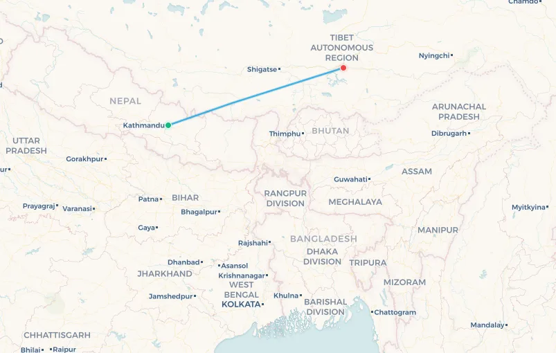 Kathmandu to Lhasa flight route map