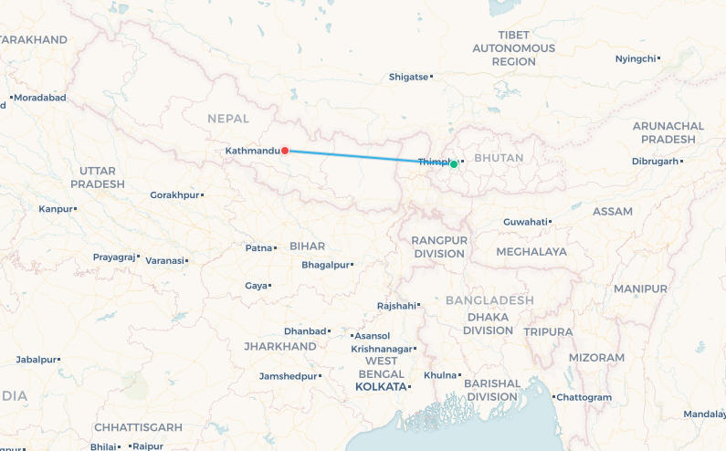 Paro to Kathmandu flight route map