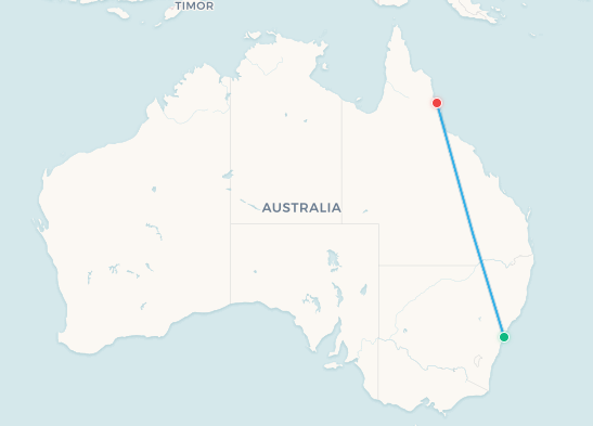 Sydney to Cairns flight route map