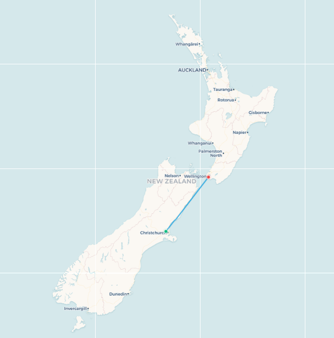 Mapa de ruta de vuelo de Christchurch a Wellington