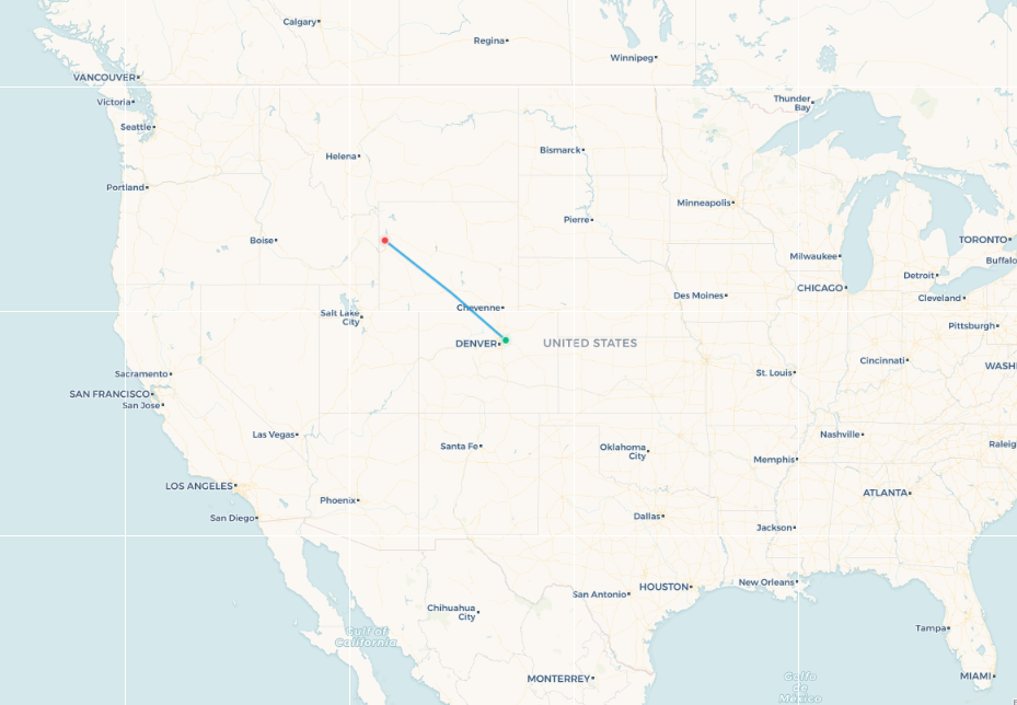 Mapa de ruta de vuelo de Denver a Jackson