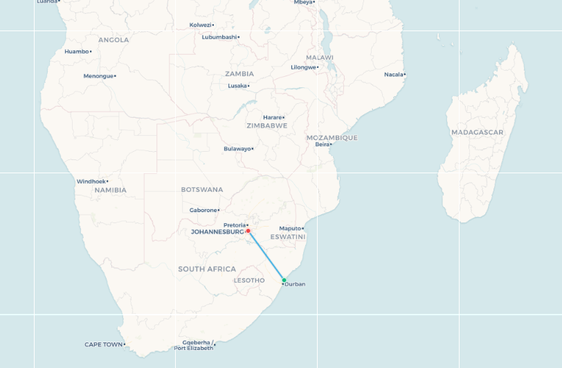 Mapa de ruta de vuelo de Durban a Johannesburgo