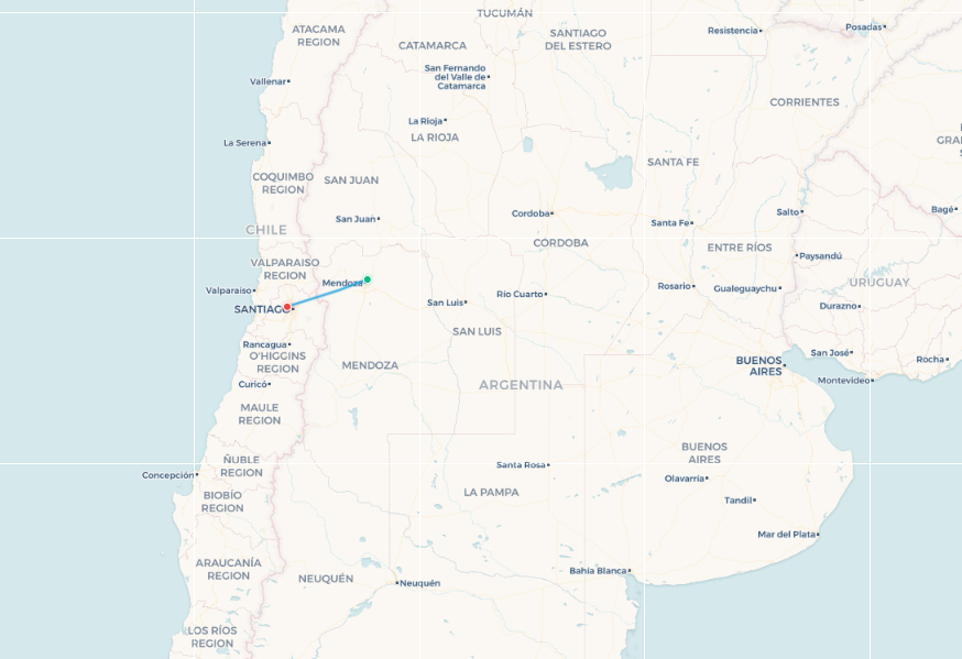 Mapa de ruta de vuelo de Mendoza a Santiago