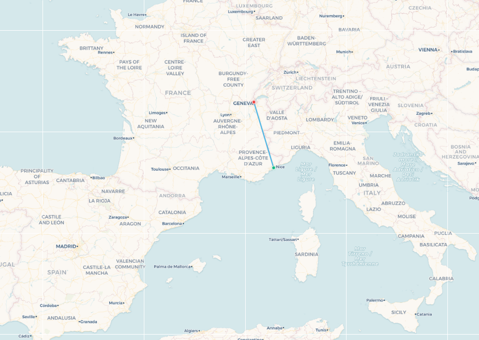 Mapa de ruta de vuelo de Niza a Ginebra
