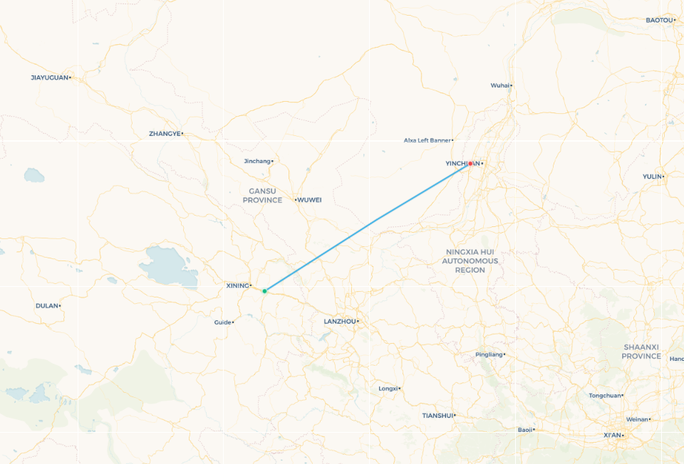 Mapa de ruta de vuelo de Xining a Yinchuan