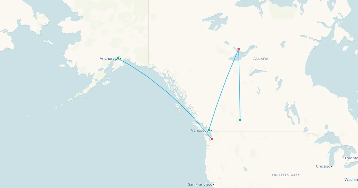 Map of evening flights from Anchorage to Seattle and from Vancouver and Calgary to Yellowknife