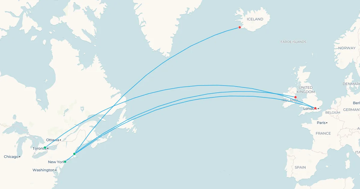 Map of evening flights from Toronto, Boston and New York to London, Dublin and Reykjavik across the North Atlantic