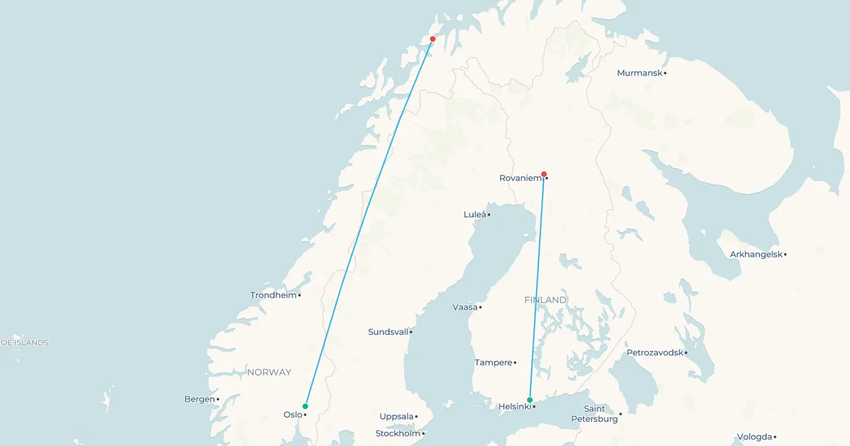 Map of evening flights from Oslo to Tromsø and from Helsinki to Rovaniemi in Lapland
