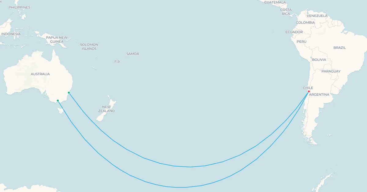 Map of the flights from Melbourne and Sydney to Santiago, curving far south across the Pacific