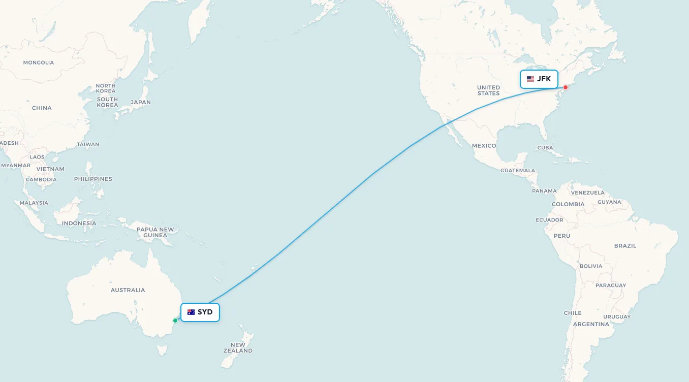 Mapa de ruta de vuelo Project Sunrise de Sídney a Nueva York