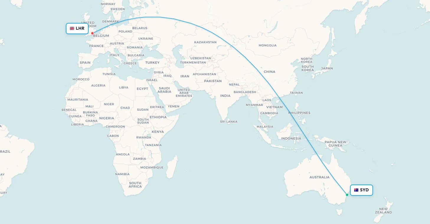 Mapa de ruta de vuelo Project Sunrise de Sídney a Londres
