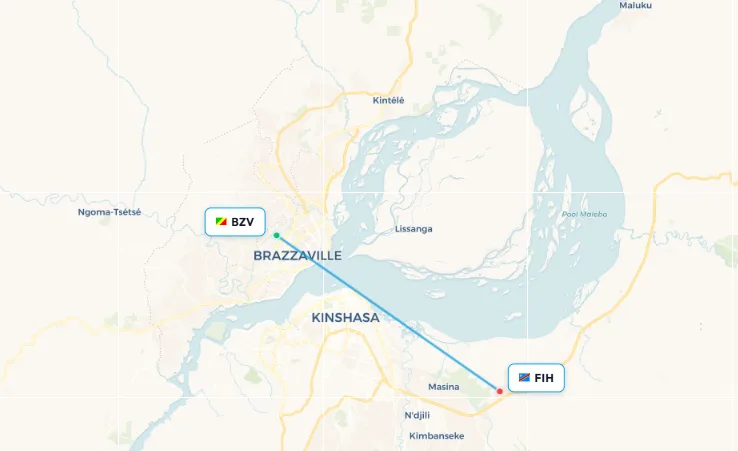 Brazzaville to Kinshasa shortest route map
