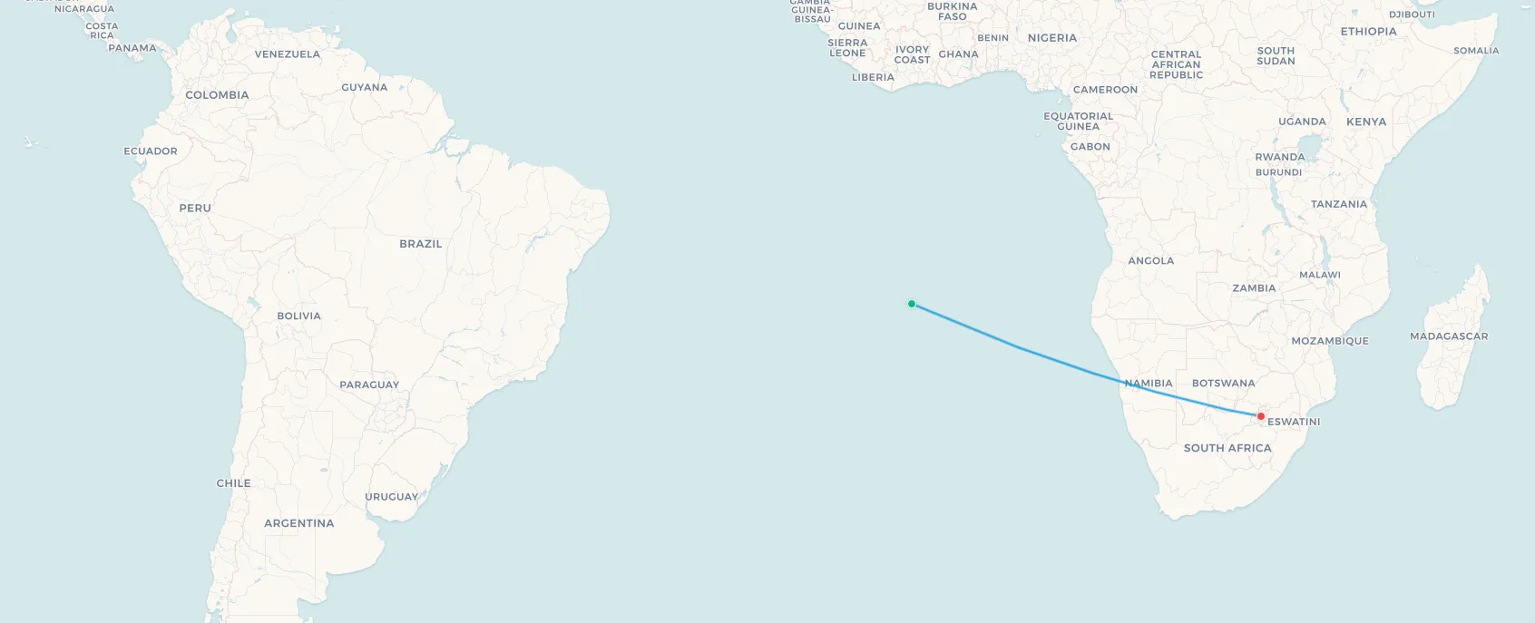 St. Helena to Johannesburg isolated route map