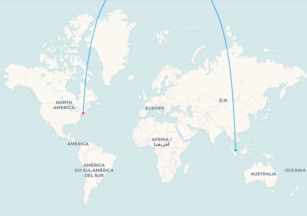 Singapore to New York route map