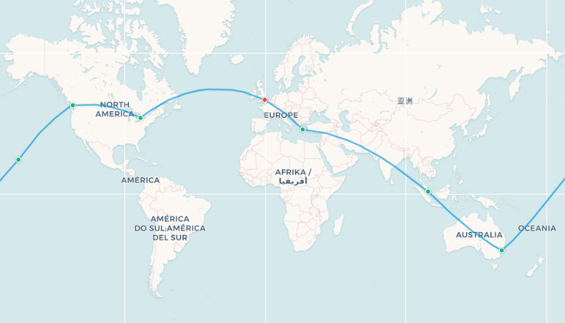 Budget Round-The-World route map: London to Athens to Singapore to Sydney to Honolulu to Vancouver to Toronto back to London