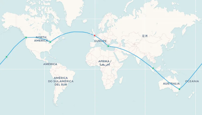 Mapa de ruta RTW económica: Londres a Atenas a Singapur a Sídney a Honolulú a Vancouver a Toronto de vuelta a Londres