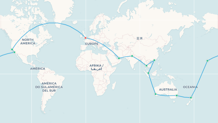 Classic Round-The-World route map: London to Dubai to Delhi to Bangkok to Hong Kong to Singapore to Perth to Sydney to Auckland to Honolulu to Los Angeles to San Francisco back to London