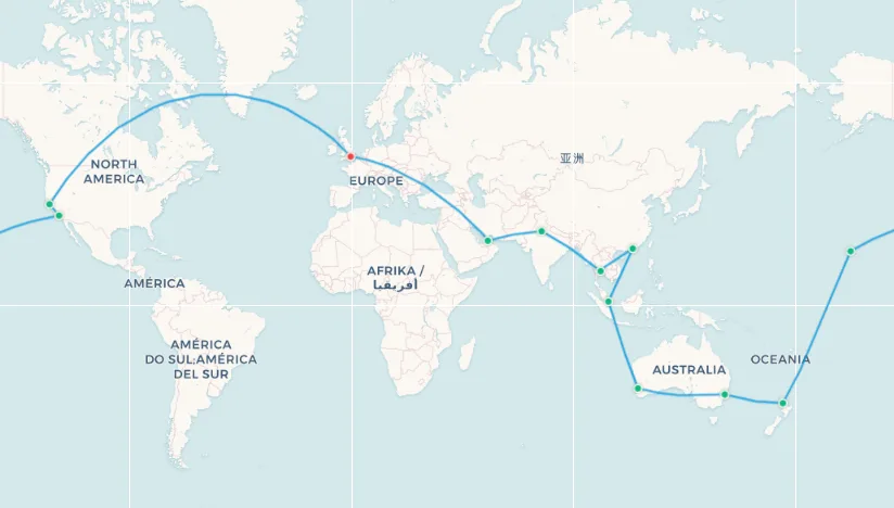 Mapa de la ruta RTW clásica desde Londres: LHR a DXB a DEL a BKK a HKG a SIN a PER a SYD a AKL a HNL a LAX a SFO de vuelta a LHR