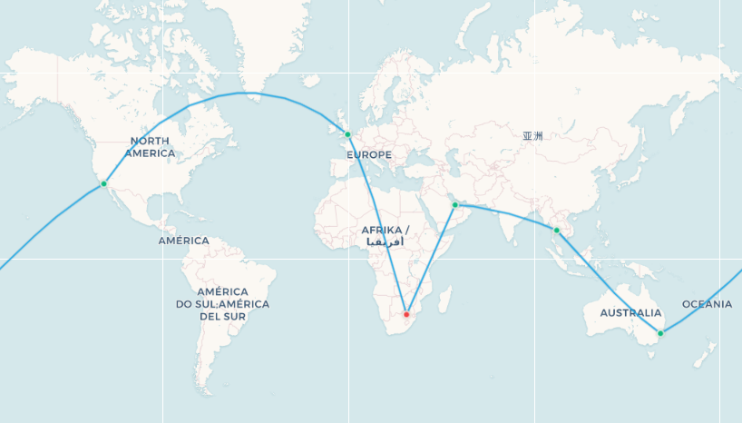 Oneworld Explorer RTW route from Johannesburg: JNB to London to Los Angeles to Sydney to Bangkok to Doha back to Johannesburg