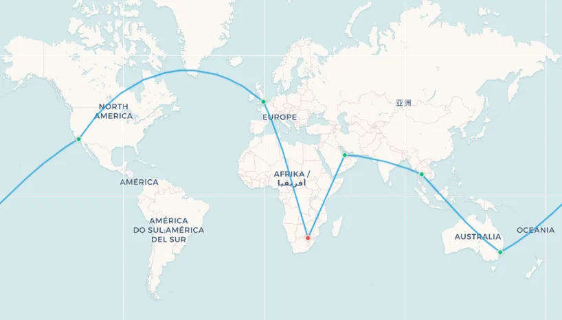 Ruta Oneworld Explorer desde Johannesburgo: JNB a Londres a Los Ángeles a Sídney a Bangkok a Doha de vuelta a Johannesburgo
