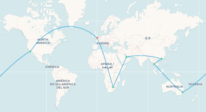 Oneworld Explorer business class route: London to Los Angeles to Sydney to Bangkok to Hong Kong to Doha to Johannesburg back to London