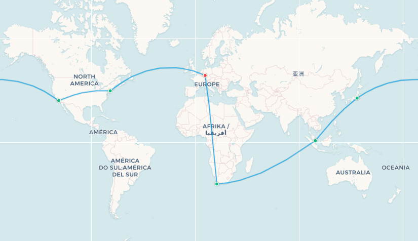 Star Alliance RTW route from Frankfurt: FRA to New York to Los Angeles to Tokyo to Singapore to Cape Town back to Frankfurt