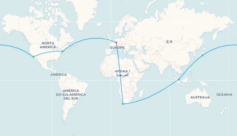 Ruta RTW Star Alliance desde Frankfurt: FRA a Nueva York a Los Ángeles a Tokio a Singapur a Ciudad del Cabo de vuelta a Frankfurt