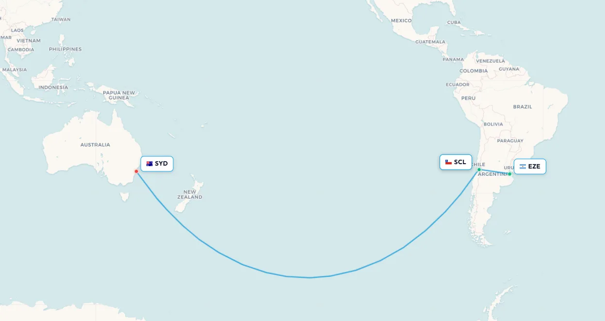 Mapa de la ruta de vuelo Buenos Aires a Santiago - conexión hacia Australia