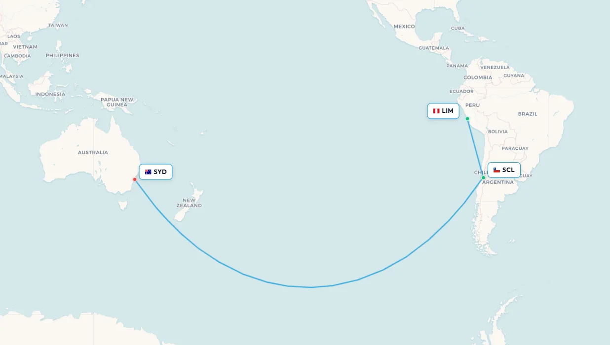 Mapa de la ruta de vuelo Lima a Santiago - conexión hacia Australia