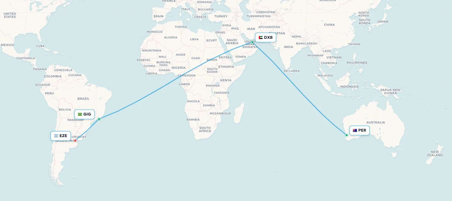 Mapa de la ruta de vuelo Perth a Dubái - Emirates hacia Sudamérica