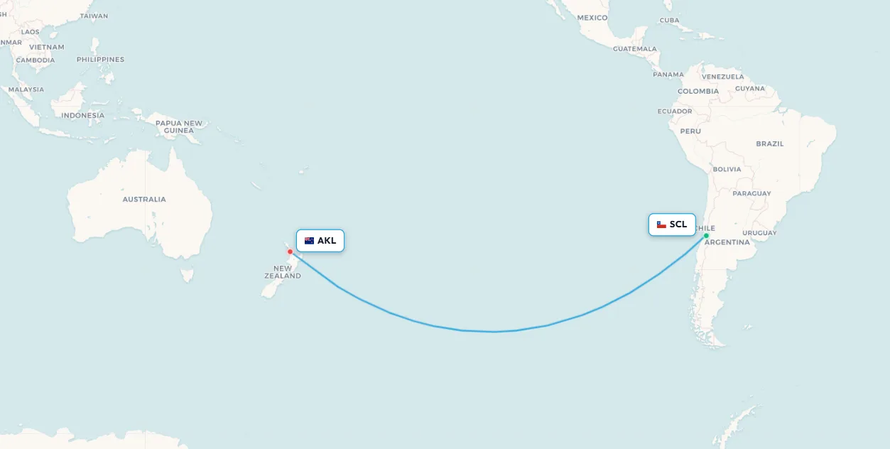 Mapa de la ruta de vuelo Santiago a Auckland - puerta de entrada a Australia vía Nueva Zelanda