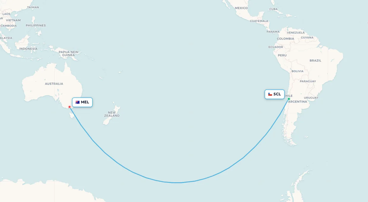 Mapa de la ruta de vuelo Santiago a Melbourne pasando al sur del Círculo Polar Antártico