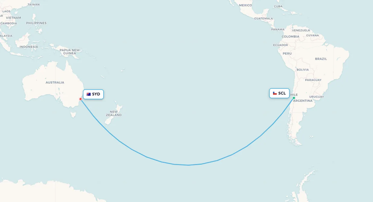 Mapa de la ruta de vuelo directo de Santiago a Sídney a través del Pacífico Sur