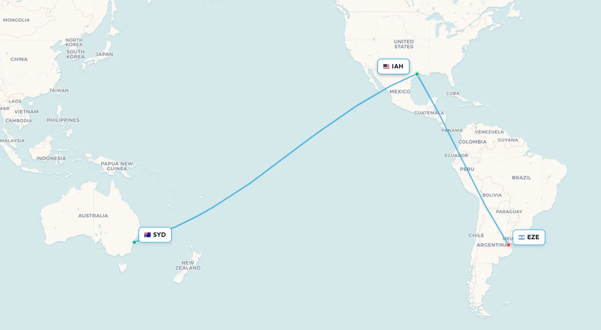 Mapa de la ruta de vuelo Sídney a Houston - United Airlines hacia Buenos Aires