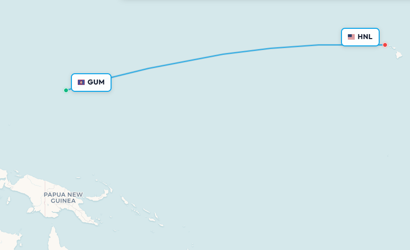 Mapa de ruta de vuelo de Guam a Honolulu