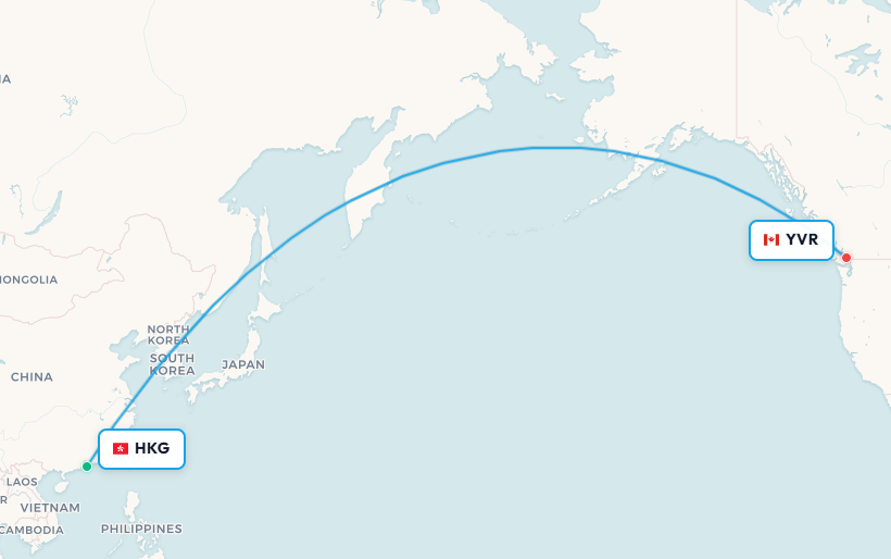 Mapa de ruta de vuelo de Hong Kong a Vancouver