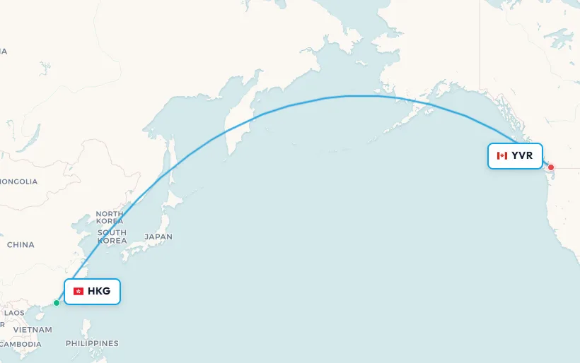 Hong Kong to Vancouver flight route map