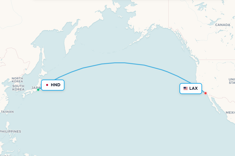 Mapa de ruta de vuelo de Tokio Haneda a Los Ángeles