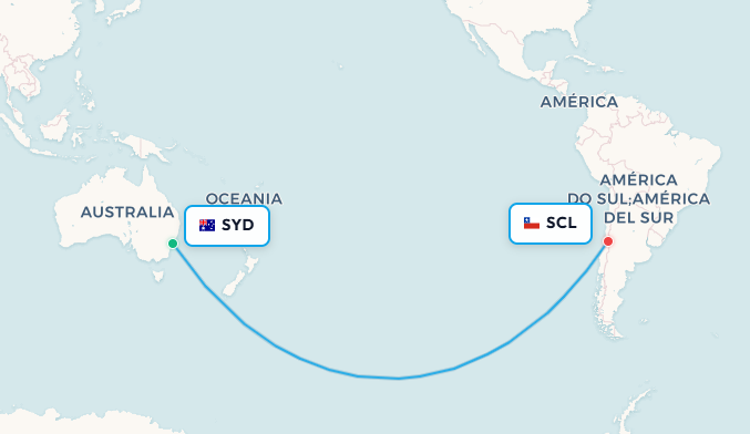 Mapa de ruta de vuelo de Sídney a Santiago