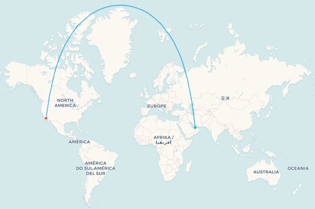 Abu Dhabi to Los Angeles transpolar flight route map