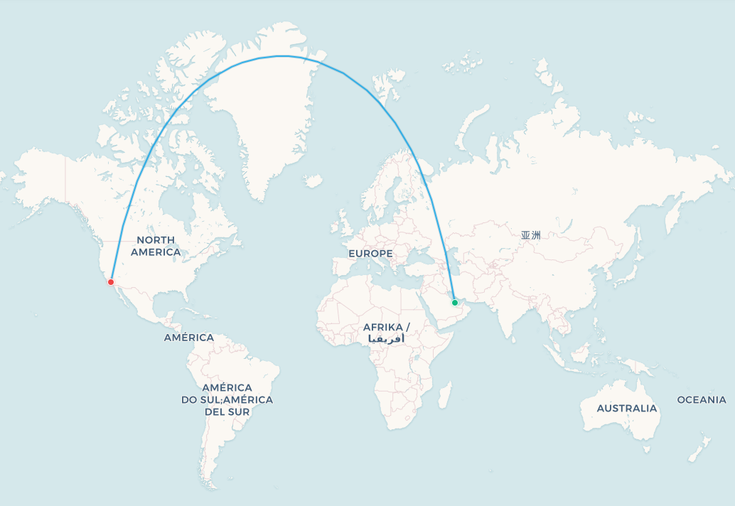 Doha to Los Angeles transpolar flight route map