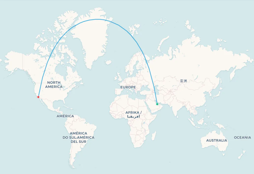 Doha to Los Angeles transpolar flight route map