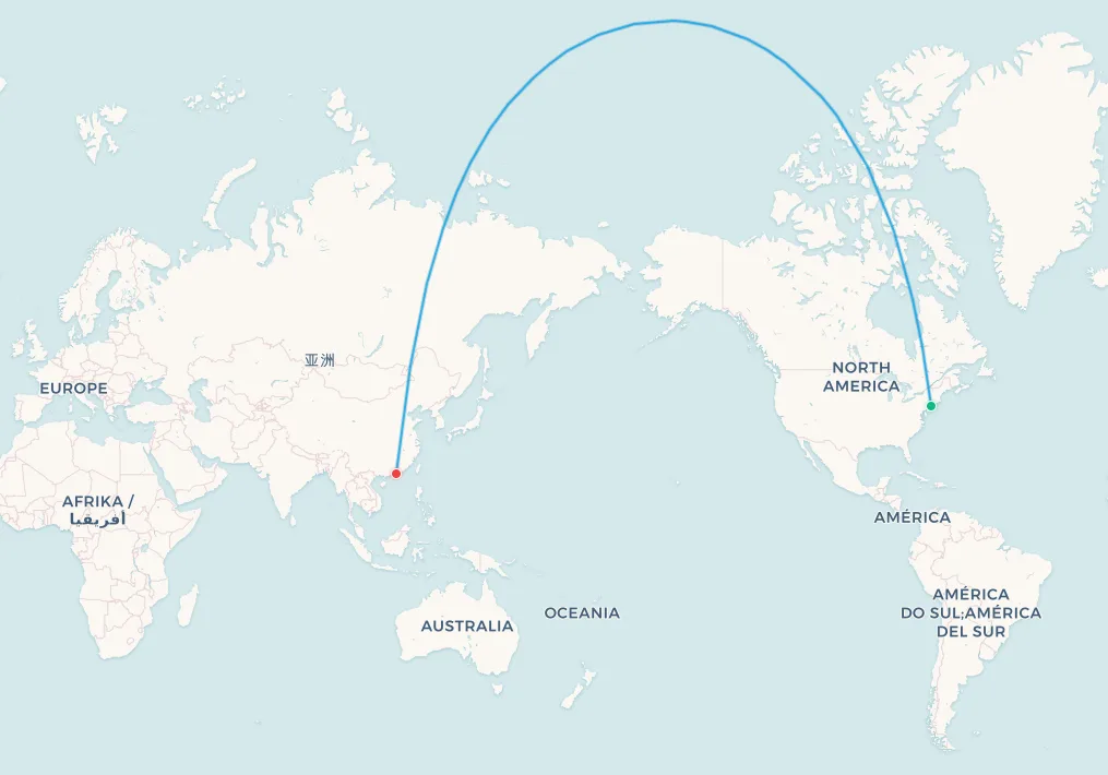 New York to Hong Kong transpolar flight route map